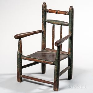 Early Green-painted Turned Child's Plank-seat Armchair