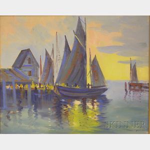 Ernest T. Fredericks (American, 1877-1959) Harbor View with Sailboats.