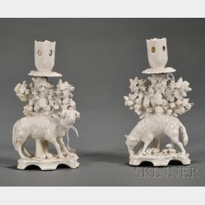Pair of Bow Porcelain White Glazed Figural Candlesticks