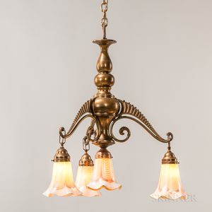 Art Nouveau Brass Chandelier with Steuben Pulled Feather Shades
