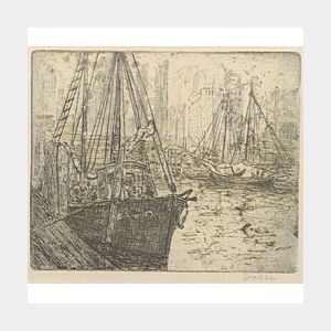 Lot of Four Prints: Leon Dolice (American, 1892-1960),New York Harbor; Edith Hogen Peck (American, b. 1884),Apple Trees in Winter, 19