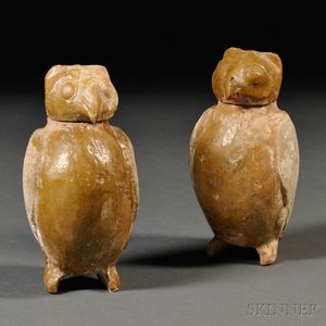 Pair of Terra-cotta Owl-shaped Covered Containers