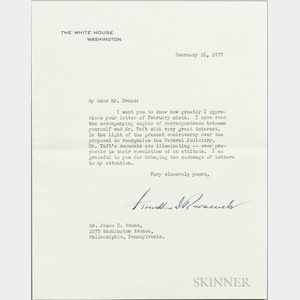 Roosevelt, Franklin Delano (1882-1945) Typed Letter Signed, Washington, DC, 16 February 1937.
