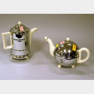 Heatmaster Art Deco Chrome Plated Metal-clad Porcelain Teapot and Coffeepot.