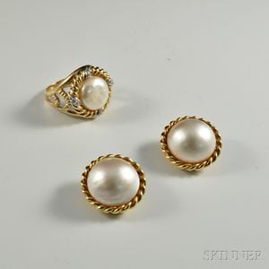 Gold and Mabe Pearl Earclips and Ring