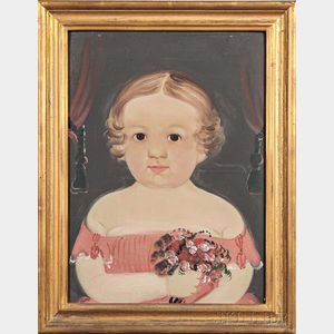 Prior/Hamblen School, Possibly the Work of E.W. Blake, Mid-19th Century Portrait of a Blonde Girl in Pink Dress Holding a Bouquet