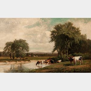 Clinton Loveridge (American, 1838-1915) Broad Landscape with Cows Watering in a Stream