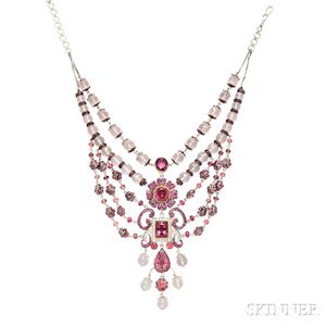 White Gold, Pink Tourmaline, Diamond, and Rose Quartz Necklace,