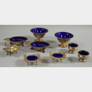 Nine Silver-plated Cobalt Glass-lined Articles