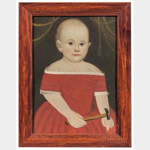 Prior/Hamblen School, Mid-19th Century Portrait of a Child in a Red Dress Holding a Hammer