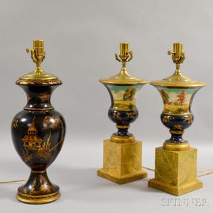 Three Wooden Paint-decorated Vasiform Lamps