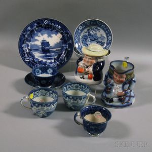 Eight Transfer-decorated Staffordshire Pottery Items and a Toby Jug and Snuff Jar
