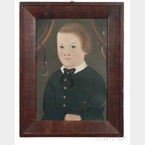 Prior/Hamblen School, Possibly the Work of E.W. Blake, Mid-19th Century Portrait of a Boy in a Black Coat Holding a Riding Crop