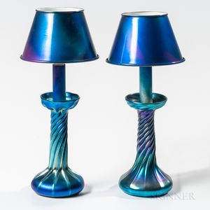 Two Tiffany Studios Blue Favrile Candlesticks with Painted Metal Shades