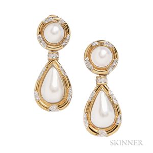 18kt Gold, Mabe Pearl, and Diamond Day/Night Earclips