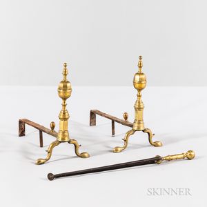 Pair of Brass Steeple-top Andirons and a Pair of Tongs