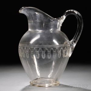 Large Colorless Blown Glass Pitcher with Engraved Decoration