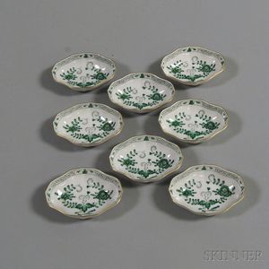 Set of Eight Meissen Green and White Floral-decorated Gilt-rimmed Nut Dishes