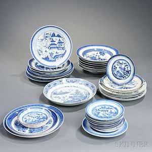 Thirty-five Canton and Fitzhugh Blue and White Porcelain Plates