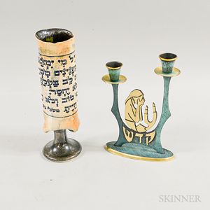 Israeli Enameled Brass Shabbat Two-light Candlestick and a Rachel Cadmor Pottery Vase