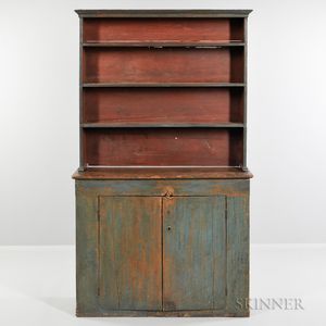 Small Blue-painted Pine Two-part Step-back Cupboard