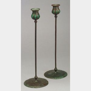 Two Tiffany Studios Bronze and Glass Candlesticks