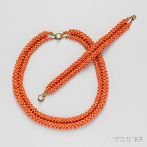 Coral Bead Necklace and Bracelet