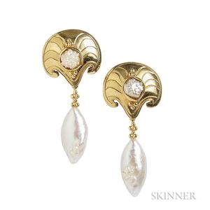 18kt Gold and Freshwater Pearl Day/Night Earrings, Paula Crevoshay