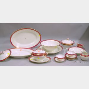 Eighteen Pieces of Paris Porcelain Gilt and Raspberry-banded Dinnerware.
