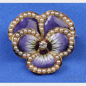 Art Nouveau Enamel Seed Pearl and Diamond Pansy Pendant/Brooch