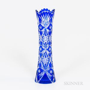 Czech Blue Cut to Clear Glass Vase