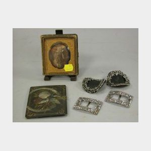 Two Pairs of Cut-Steel Shoe Buckles and a Gilt and Mother-of-Pearl Inlaid Papier-mache Cased Early Photograph of a Girl.