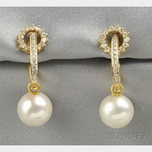 18kt Gold, South Sea Pearl, and Diamond Earpendants