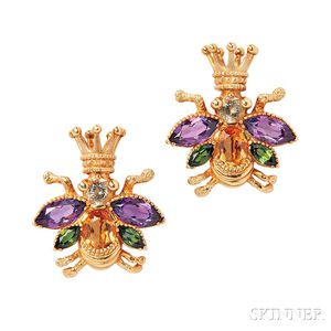 Pair of 18kt Gold Gem-set Insect Brooches, Cynthia Bach