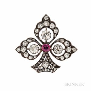 Antique Ruby and Diamond Clover Brooch