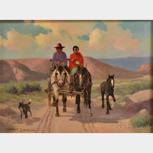 Charles Damrow (American, 1916-1989) Two Figures in a Horse-drawn Wagon, with a Colt and Dog Alongside