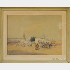 Edmund Aubrey Hunt (American, 1855-1922) Orientalist Landscape with Figures Outside a Town