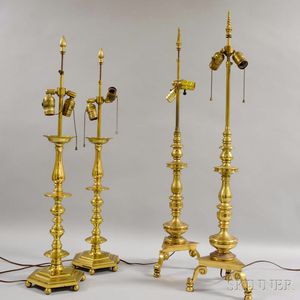 Two Pairs of Brass Candlestick-form Table Lamps