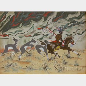 Framed American School Oil on Canvas Scene with Antelope and Native American Rider