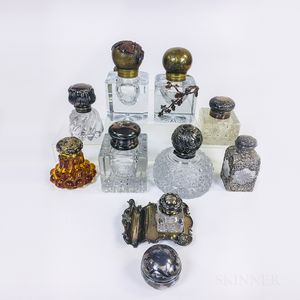Ten Mostly Sterling Silver-mounted Inkwells