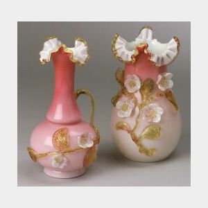 Two Cased Glass Vases with Applied Flowers.
