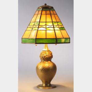 Tiffany Bronze Dore and Slag Glass Table Lamp
