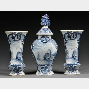 Three-piece Dutch Delft Blue and White Vase Garniture