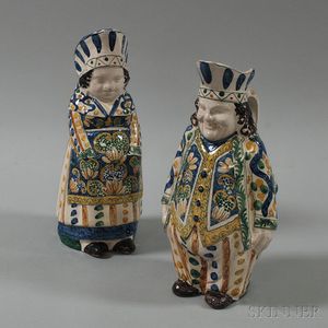 Pair of Tin-glazed Polychrome Figural Pottery Pitchers