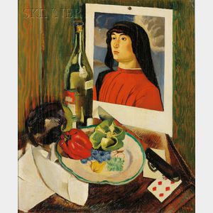 Marcella Rodange Comès (American, b. 1905) Still Life with Playing Cards and Giovanni Bellini's Portrait of a Youth