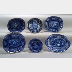 Six Blue Transfer Decorated Serving Dishes