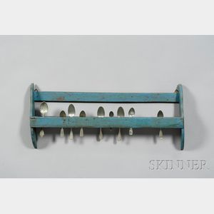 Blue-painted Hanging Wooden Spoon Rack with Nine Pewter Spoons