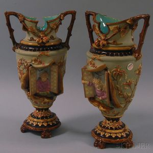 Pair of William Schiller & Sons Figural Majolica Vases