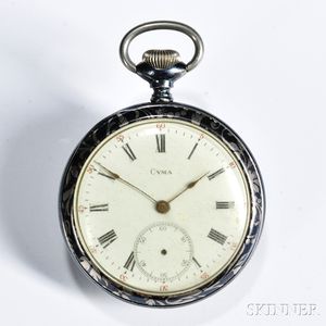 Cyma Pocket Watch, roman numeral dial marked for Cyma, reverse of case with niello decoration to a white metal ground of a man playing