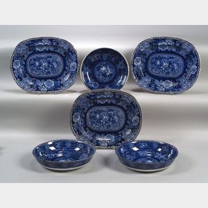 Six Blue Transfer Decorated Staffordshire Pottery Serving Dishes